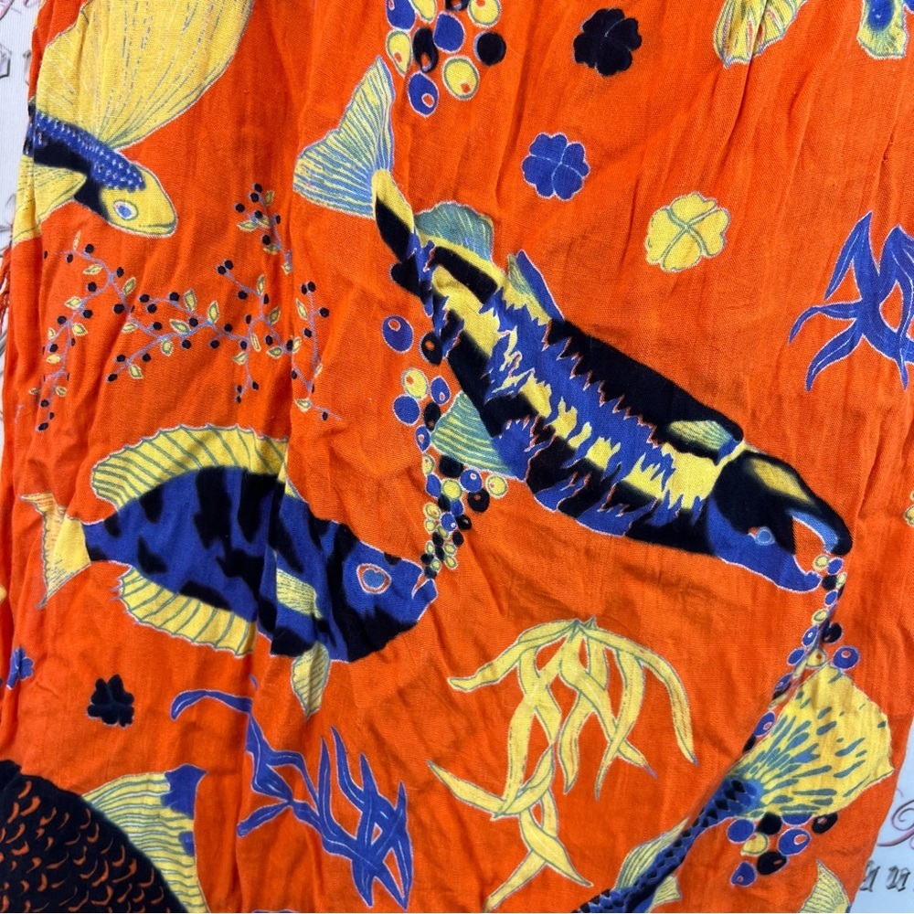 Scarf wrap fish Vibrant Orange Rayon Tapestry with Yellow & Blue Fish Print - Picture 3 of 8